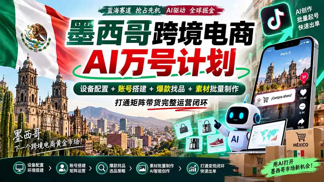 墨西哥AI跨境电商万号计划｜设备配置+账号搭建+爆款找品+素材批量制作，打通矩阵带货完整运营闭环-豌豆轻创