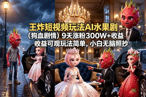 王炸短视频玩法AI水果剧(狗血剧情)9天涨粉300W+收益可观玩法简单，小白无脑照抄，详细拆解玩法-豌豆轻创