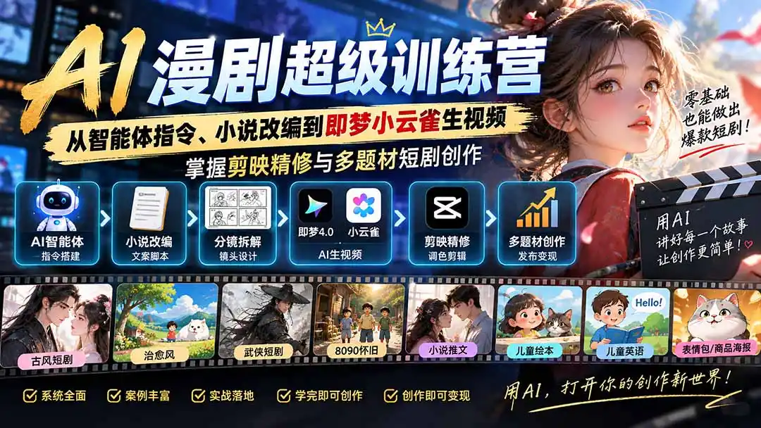 AI漫剧超级特训营：从智能体指令、小说改编到即梦小云雀生视频，掌握剪映精修与多题材短剧创作-豌豆轻创