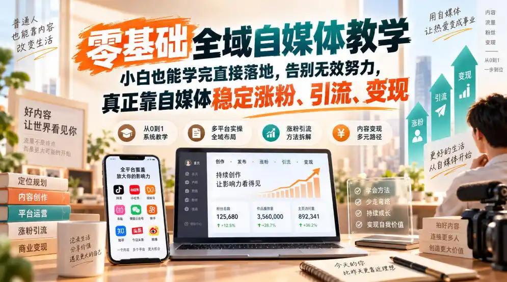 零基础全域自媒体教学，小白也能学完直接落地，告别无效努力，真正靠自媒体稳定涨粉、引流、变现-豌豆轻创
