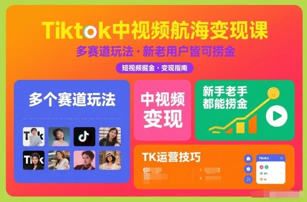 Tiktok中视频航海变现课，多个赛道玩法，新手老手都能在TK中视频捞金-轻创