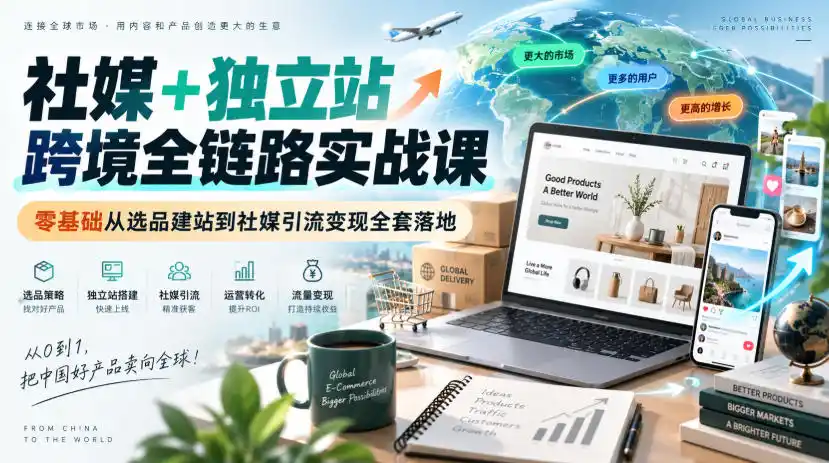 社媒+独立站跨境全链路实战课｜零基础从选品建站到社媒引流变现全套落地-豌豆轻创