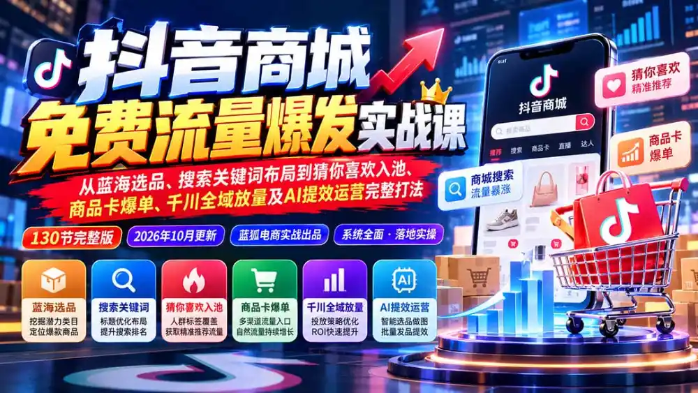 抖音商城免费流量爆发实战：从蓝海选品、搜索关键词布局到猜你喜欢入池、商品卡爆单、千川全域放量及AI提效完整打法-豌豆轻创