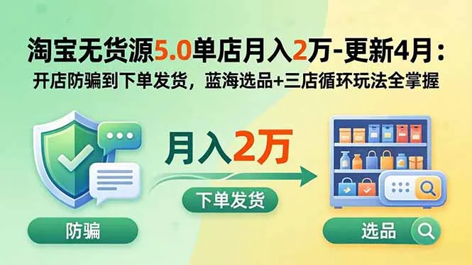 淘宝无货源5.0单店月入2万-更新5月：开店防骗到下单发货，蓝海选品+三店循环玩法全掌握-豌豆轻创