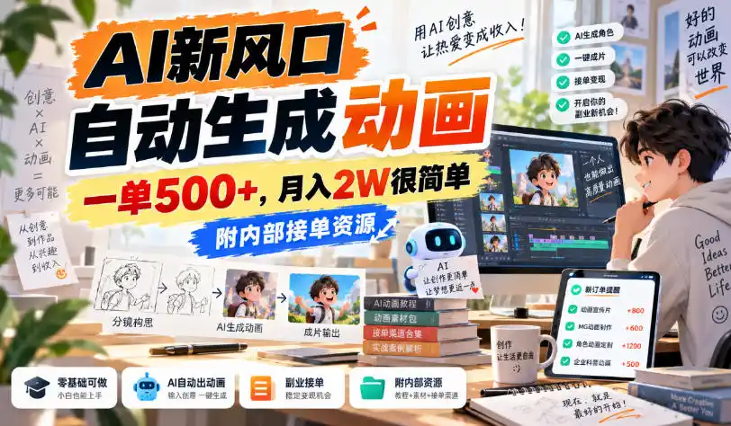 AI新风口,自动生成动画,一单500+,月入2W很简单,附内部接单资源【揭秘】-豌豆轻创