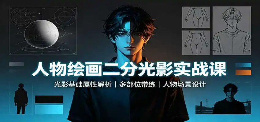 人物绘画二分光影实战课：光影基础属性解析，多部位带练，人物场景设计-豌豆轻创