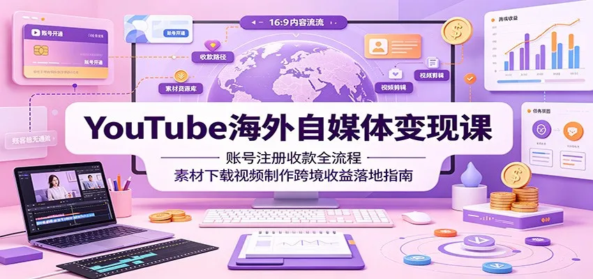 YouTube海外自媒体变现课：账号注册收款全流程，素材下载视频制作跨境收益落地指南-豌豆轻创