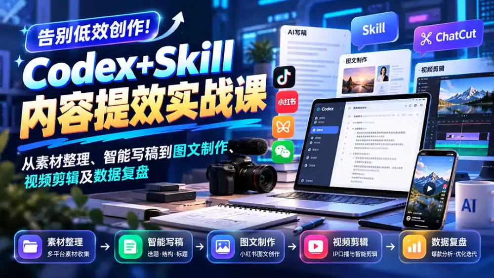 【无水印】告别低效创作！Codex+Skill内容提效实战课：从素材整理、智能写稿到图文制作、视频剪辑及数据复盘-豌豆轻创
