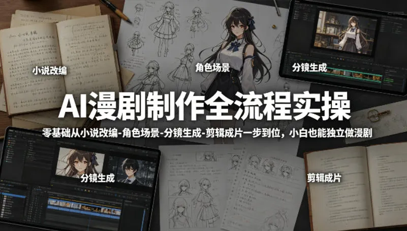 AI漫剧制作全流程实操,零基础从小说改编-角色场景-分镜生成-剪辑成片一步到位,小白也能独立做漫剧
