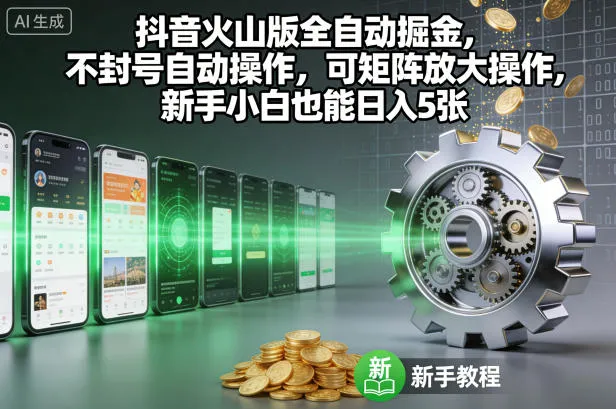 抖音火山版全自动掘金，不封号自动操作，可矩阵放大操作，新手小白也能日入5张【揭秘】-轻创