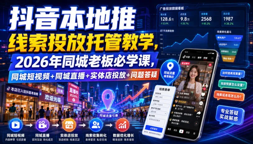 抖音本地推线索投放托管教学,2026年同城老板必学课,同城短视频+同城直播+实体店投放+问题答疑
