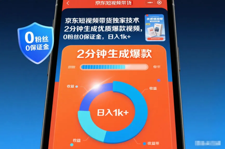 京东短视频带货独家技术，2分钟生成一条优质爆款视频，0粉丝0保证金，日入1k+【揭秘】-轻创