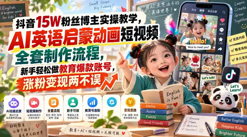 抖音15W粉丝博主实操教学，AI英语启蒙动画短视频全套制作流程，新手轻松做教育爆款账号，涨粉变现两不误-豌豆轻创