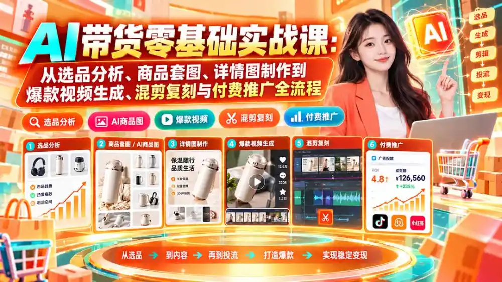 AI带货零基础实战课:从选品分析、商品套图、详情图制作到爆款视频生成、混剪复刻与付费推广全流程-豌豆轻创