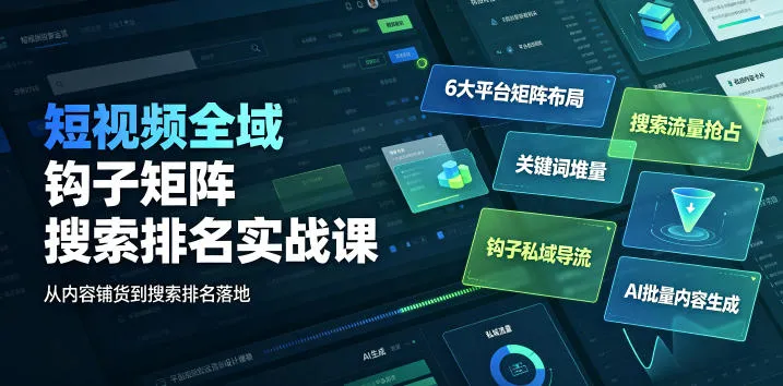 短视频全域钩子矩阵搜索排名实战课｜6大平台矩阵布局、关键词堆量抢占搜索流量、钩子私域导流、AI批量内容生成-豌豆轻创