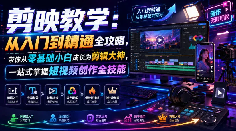 剪映教学：从入门到精通全攻略，带你从零基础小白成长为剪辑大神，一站式掌握短视频创作全技能-豌豆轻创