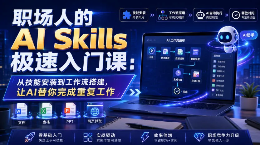 职场人的AI Skills极速入门课：从技能安装到工作流搭建，让AI替你完成重复工作-豌豆轻创