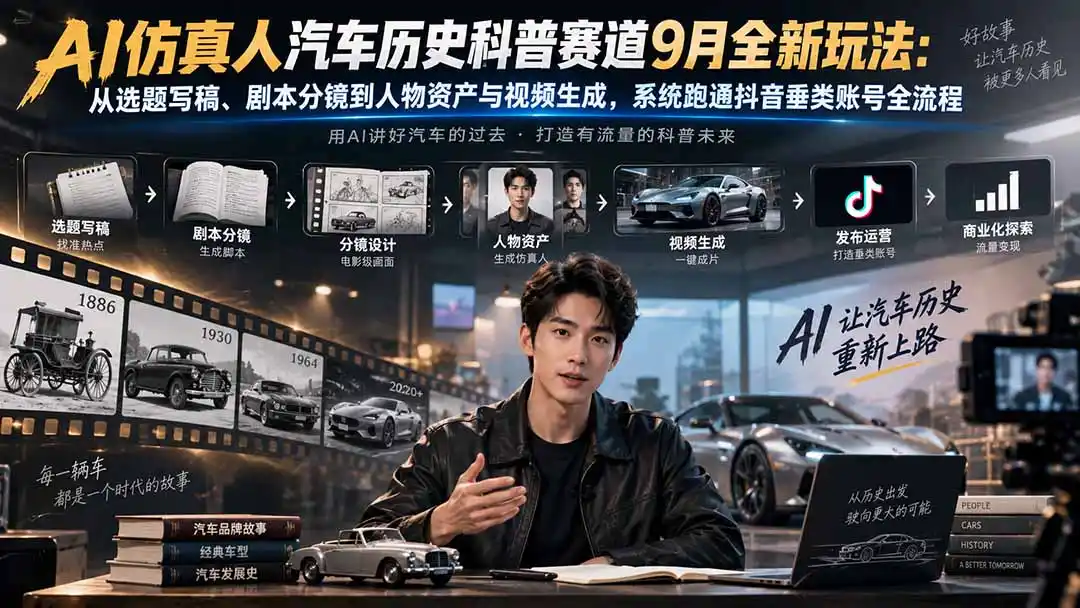 AI仿真人汽车历史科普赛道9月全新玩法：从选题写稿、剧本分镜到人物资产与视频生成，系统跑通抖音垂类账号全流程-豌豆轻创
