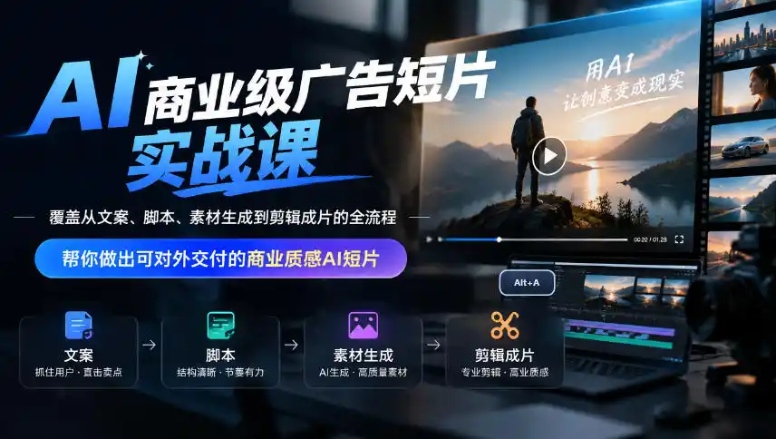 AI商业级广告短片实战课，覆盖从文案、脚本、素材生成到剪辑成片的全流程，帮你做出可对外交付的商业质感AI短片-豌豆轻创