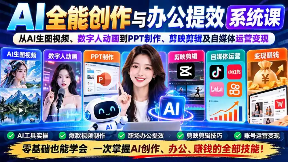 AI全能创作与办公提效系统课：从AI生图视频、数字人动画到PPT制作、剪映剪辑及自媒体运营变现-豌豆轻创