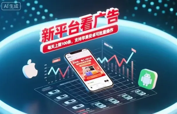 新台看广告，养好机一条5毛到5块，单机日入30到100，支持苹果安卓，可批量操作。-轻创