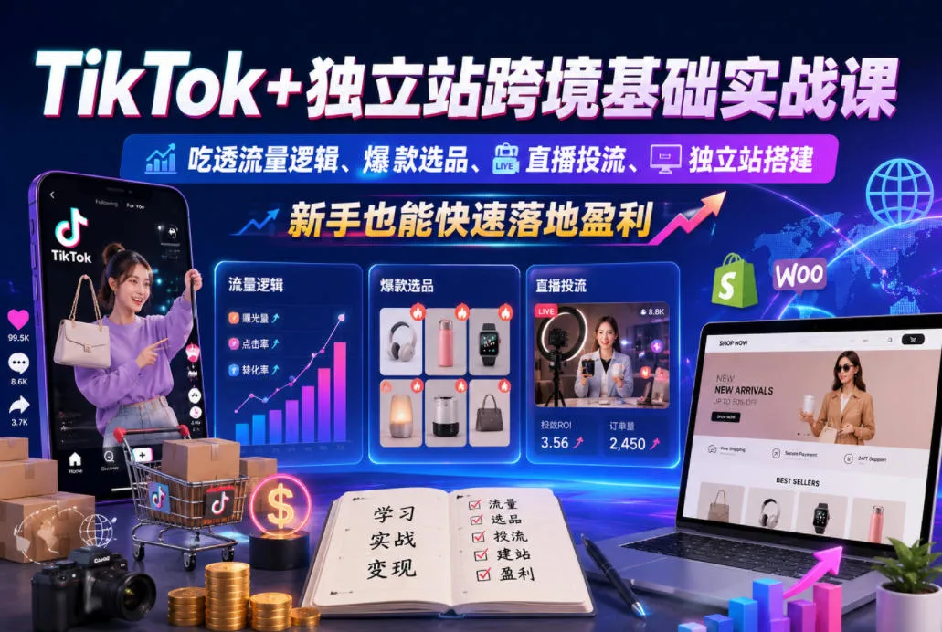 TikTok+独立站跨境基础实战课，吃透流量逻辑、爆款选品、直播投流与独立站搭建，新手也能快速落地盈利-豌豆轻创