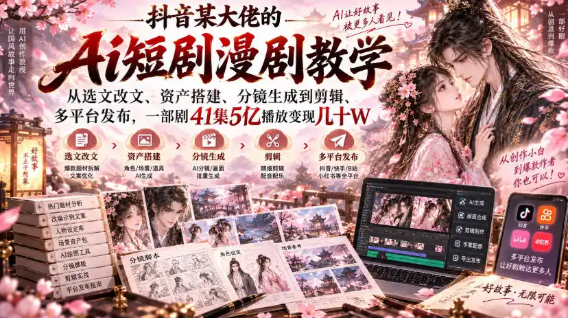 抖音某大佬的Ai短剧漫剧教学,从选文改文、资产搭建、分镜生成到剪辑、多平台发布,一部剧41集5亿播放变现几十W-豌豆轻创