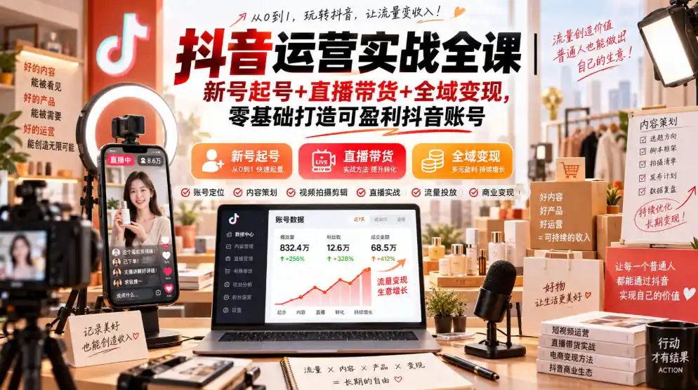 抖音运营实战全课｜新号起号+直播带货+全域变现，零基础打造可盈利抖音账号-豌豆轻创