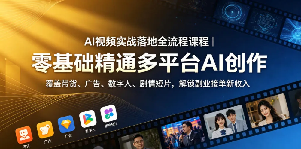 AI视频实战落地全流程课程｜零基础精通多平台AI创作，覆盖带货、广告、数字人、剧情短片，解锁副业接单新收入-豌豆轻创