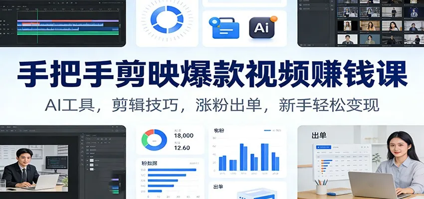 手把手剪映爆款视频赚钱课：AI工具，剪辑技巧，涨粉出单，新手轻松变现-轻创