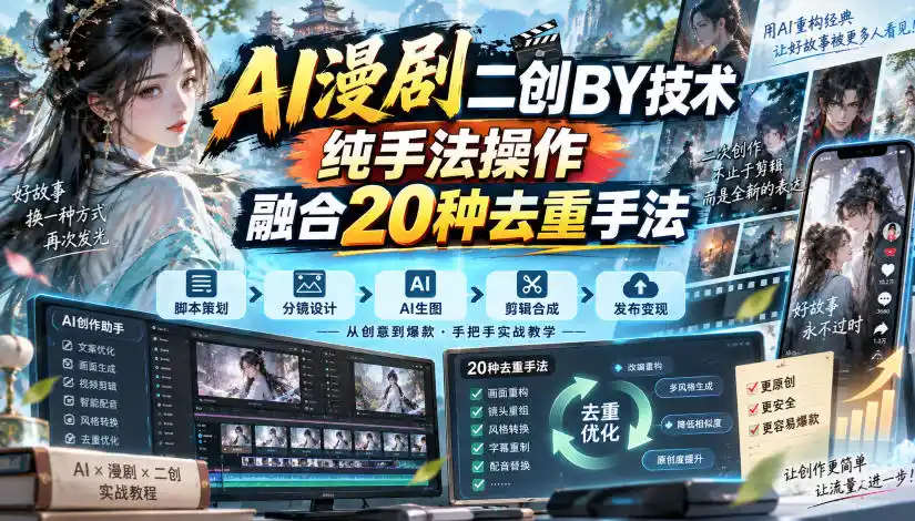 AI漫剧二创搬运技术，纯手法操作，融合20种去重手法-豌豆轻创
