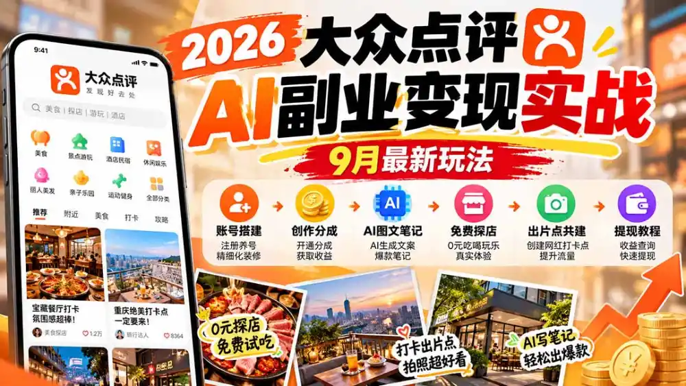 2026大众点评AI副业变现实战9月最新玩法：账号搭建+创作分成+AI图文笔记+免费探店+出片点共建与提现教程-豌豆轻创