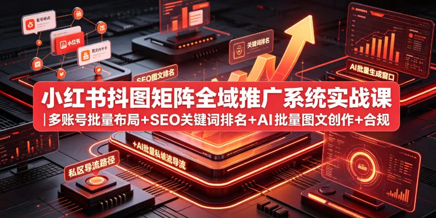 小红书抖图矩阵全域推广系统实战课|多账号批量布局+SEO关键词排名+AI批量图文创作+合规私域导流完整落地教程-豌豆轻创