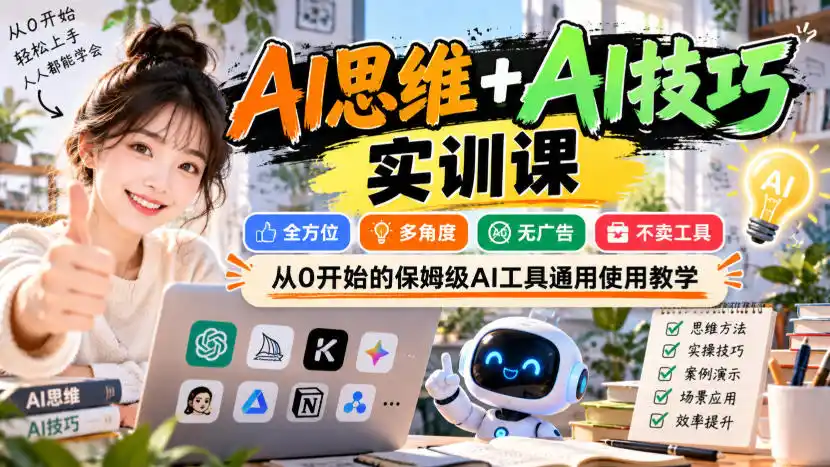 【无水印】AI思维+AI技巧实训课，全方位、多角度、无广告、不卖工具，从0开始的保姆级AI工具通用使用教学-豌豆轻创
