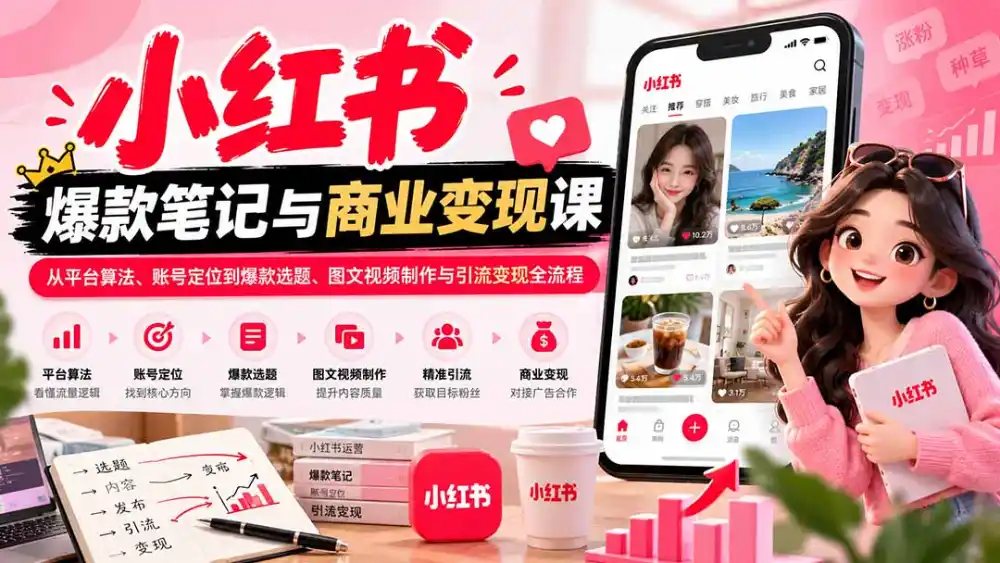 2026小红书爆款笔记与商业变现课:从平台算法、账号定位到爆款选题、图文视频制作与引流变现全流程-豌豆轻创