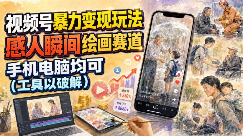 视频号暴力变现玩法，感人瞬间绘画赛道，手机电脑均可-豌豆轻创