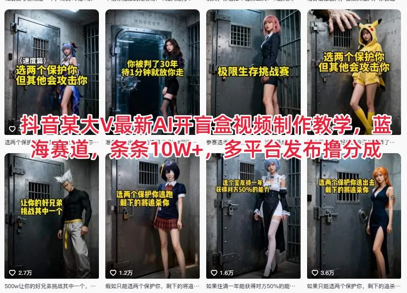 抖音某大V最新AI开盲盒视频制作教学，蓝海赛道，条条10W+，多平台发布撸分成-轻创
