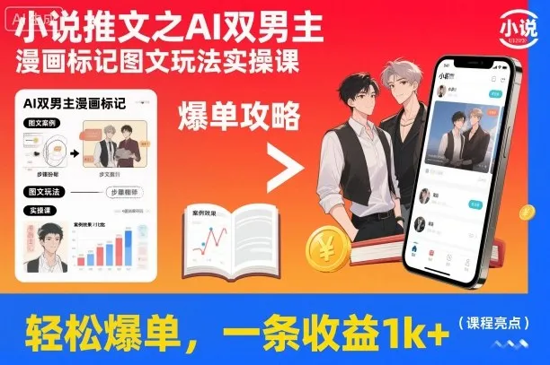 小说推文之AI双男主漫画标记图文玩法实操课,轻松爆单,一条收益1k+-轻创