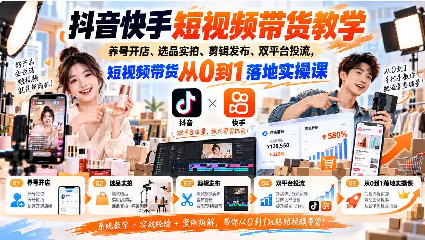 抖音快手短视频带货教学｜养号开店、选品实拍、剪辑发布、双平台投流，短视频带货从0到1落地实操课-豌豆轻创