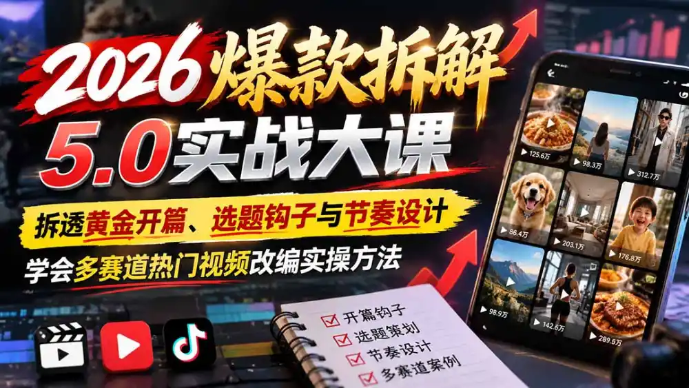 2026爆款拆解5.0实战大课：拆透黄金开篇、选题钩子与节奏设计，学会多赛道热门视频改编实操方法-豌豆轻创
