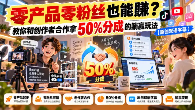 【无水印】零产品零粉丝也能賺？教你和创作者合作拿50%分成的躺赢玩法【原创双语字幕】-豌豆轻创