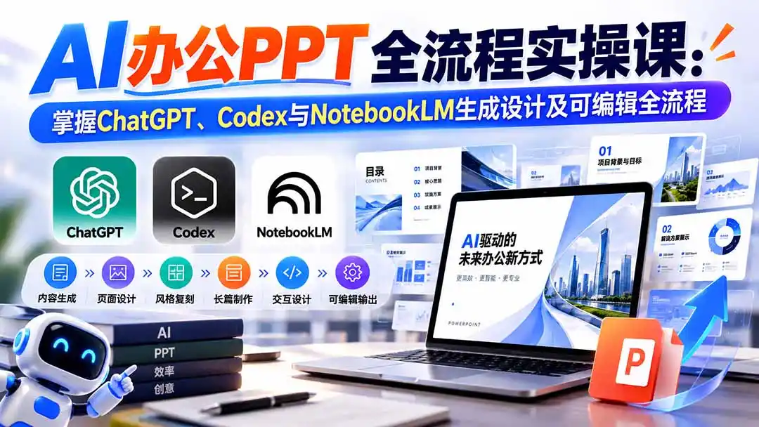 【无水印】AI办公PPT全流程实操课： 掌握ChatGPT、Codex与NotebookLM生成设计及可编辑全流程-豌豆轻创
