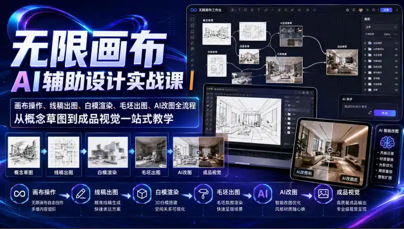 无限画布AI辅助设计实战课｜画布操作、线稿出图、白模渲染、毛坯出图、AI改图全流程，从概念草图到成品视觉一站式教学(更新0923)-豌豆轻创