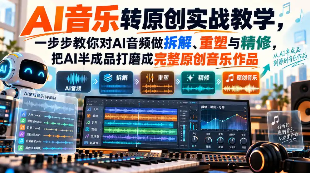 AI音乐转原创实战教学，一步步教你对AI音频做拆解、重塑与精修，把AI半成品打磨成完整原创音乐作品-豌豆轻创