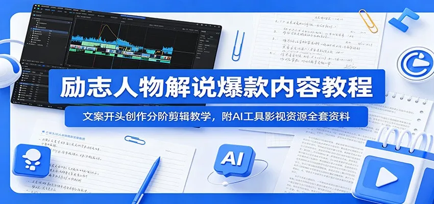 励志人物解说爆款内容教程:文案开头创作分阶剪辑教学,附AI 工具影视资源全套资料-豌豆轻创
