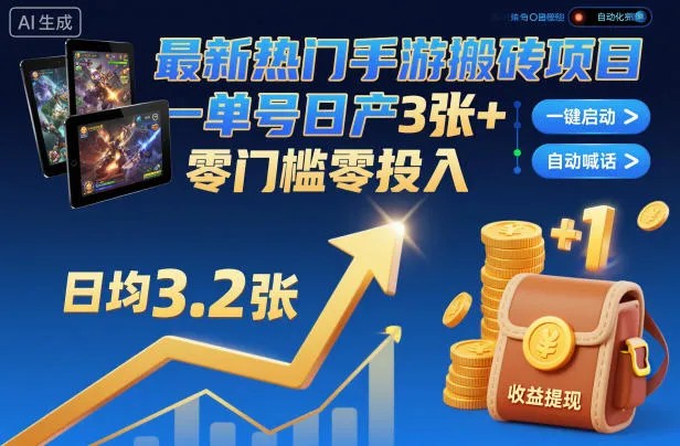 最新热门手游搬砖项目,一键自动化挂G,单号日产3张+,零门槛零投入【揭秘】-轻创