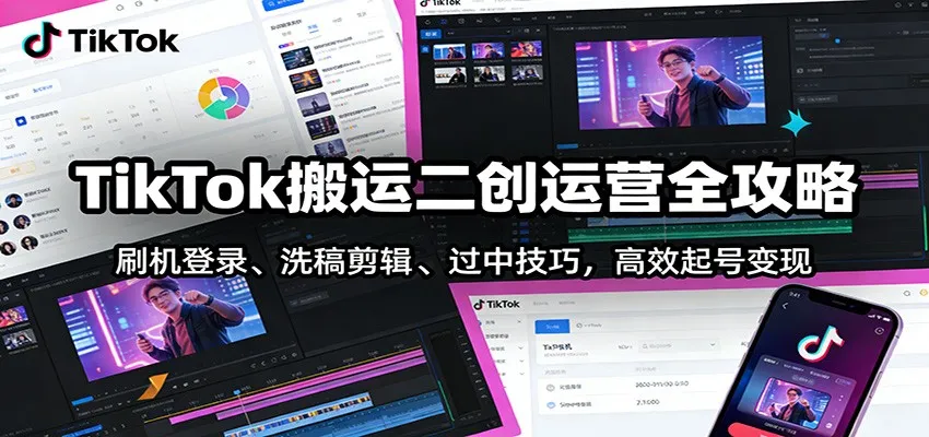 TikTok搬运二创运营全攻略：刷机登录、洗稿剪辑 、过中技巧，高效起号变现-轻创
