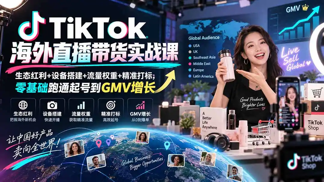 TikTok海外直播带货实战课｜生态红利+设备搭建+流量权重+精准打标，零基础跑通起号到GMV增长-豌豆轻创