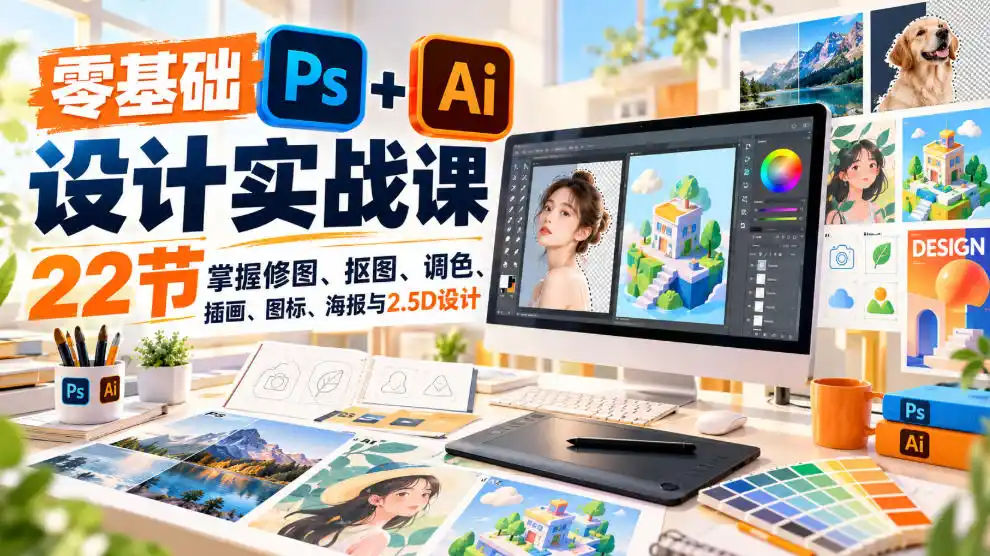 【无水印】零基础PS+AI设计实战课｜22节掌握修图、抠图、调色、插画、图标、海报与2.5D设计-豌豆轻创