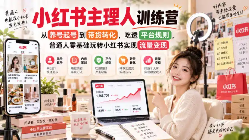 小红书主理人训练营，从养号起号到带货转化，吃透平台规则，普通人零基础玩转小红书实现流量变现-豌豆轻创